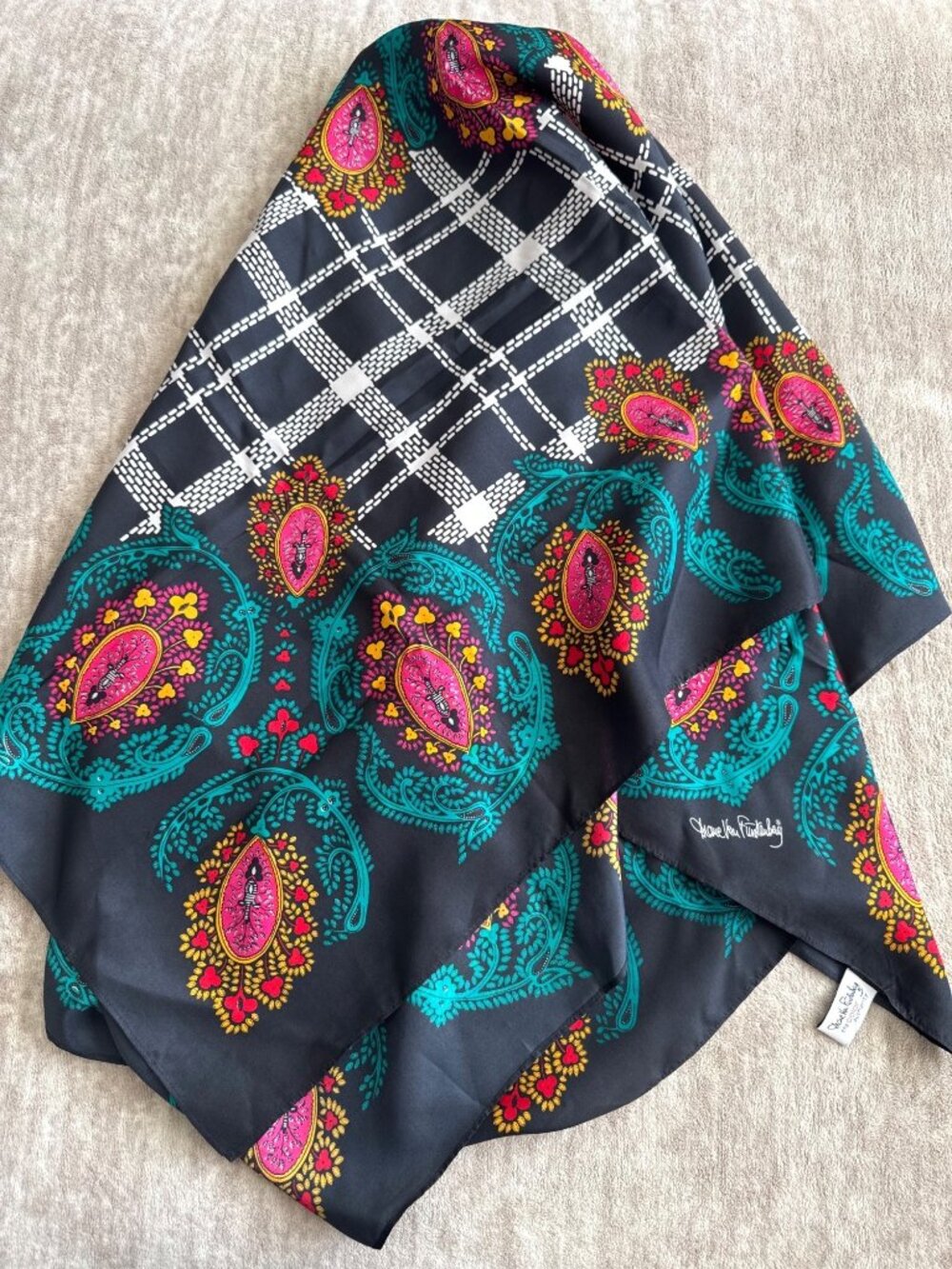 Diane von Furstenberg Vibrant Paisley Vintage Silk Scarf Black White Stripes
